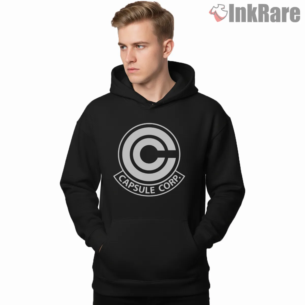 Capsule Corp Bold Monogram Logo Shirt on black hoodie for men graphic tee