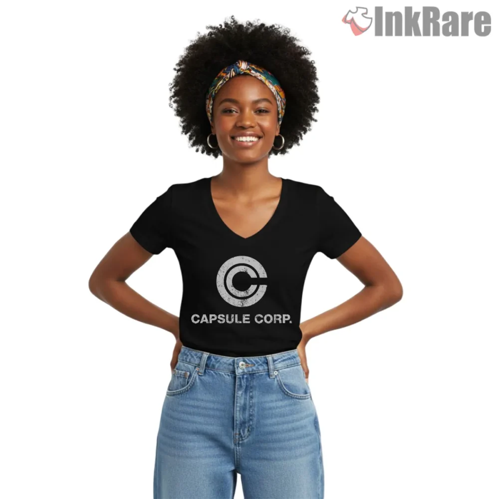 Capsule Corp Classic Monochrome Emblem Shirt on black v-neck shirt for women graphic tee