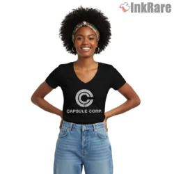 Capsule Corp Classic Monochrome Emblem Shirt on black v-neck shirt for women graphic tee