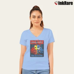 Women’s Captain America Civil War Collector Corps V-Neck Tee in light blue | Chic Neckline, Soft Texture