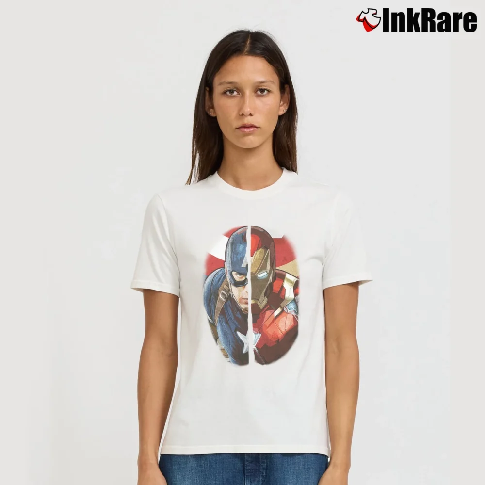 Women’s Captain America Civil War Iron Man Two Face Signature T-Shirt in white | Soft, Flattering Fit