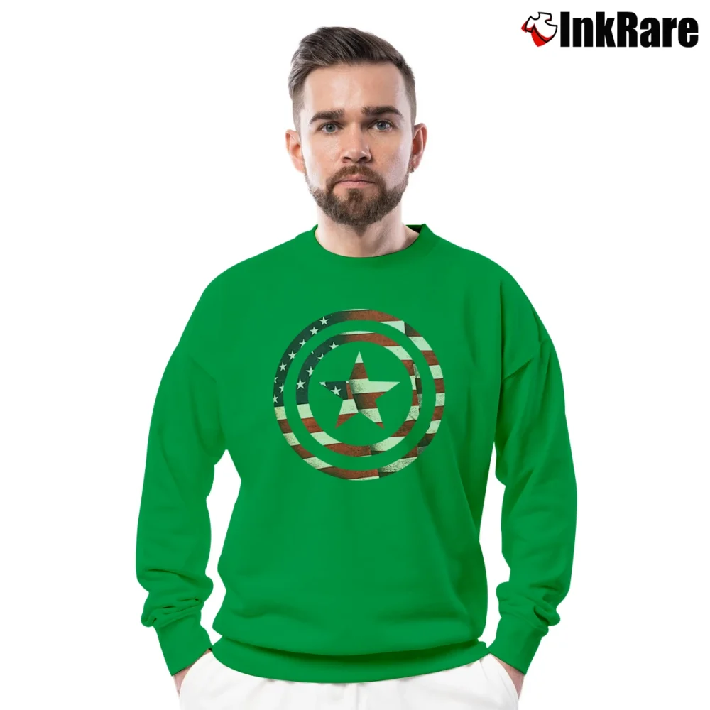Men’s Captain America Flag Shield Comic Crewneck Sweatshirt in irish green | Cozy Fabric, Clean Style