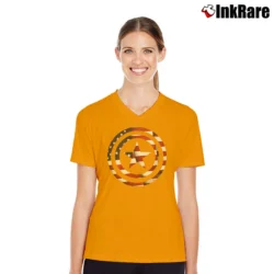 Women’s Captain America Flag Shield Comic V-Neck Tee in orange | Chic Neckline, Soft Texture