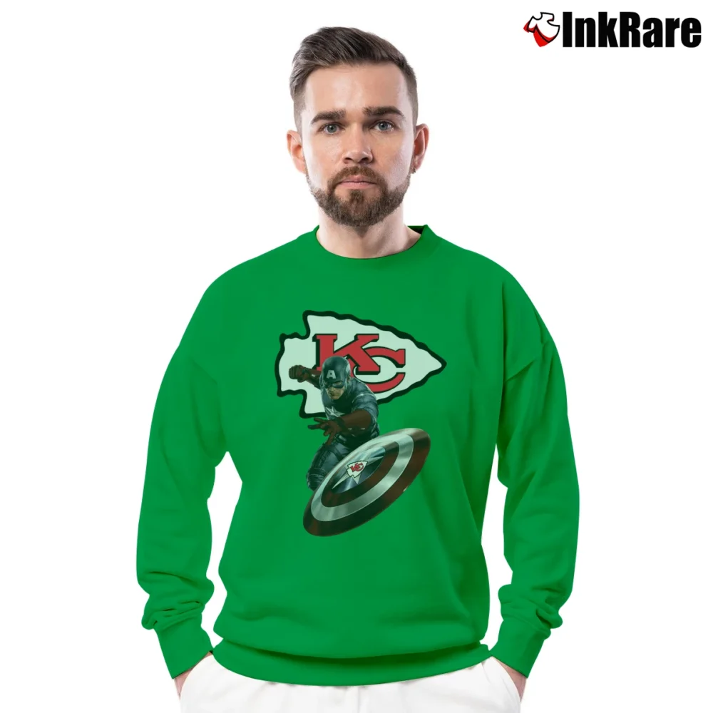 Men’s Captain America Kansas City Chiefs NFL Crewneck Sweatshirt in irish green | Cozy Fabric, Clean Style