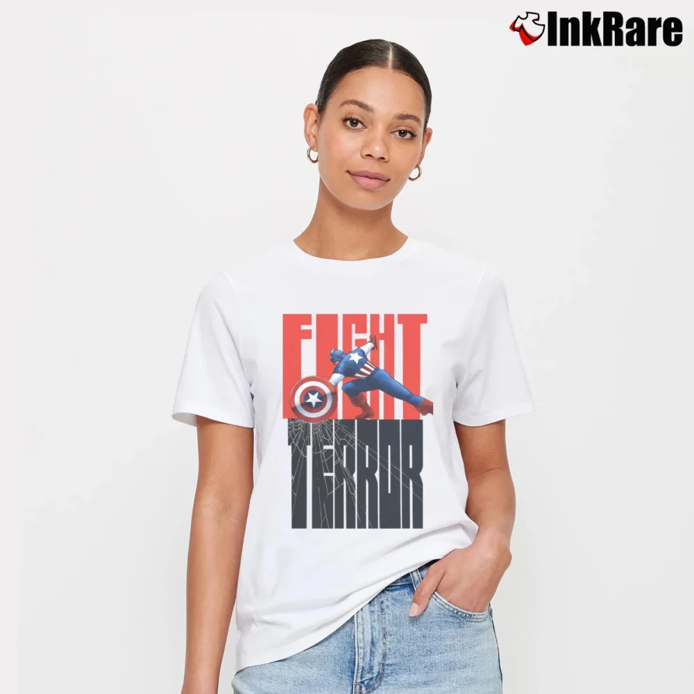 Women’s Captain America Patriot Day Fight Terror Signature T-Shirt in white | Soft, Flattering Fit