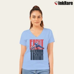 Women’s Captain America Patriot Day Fight Terror V-Neck Tee in light blue | Chic Neckline, Soft Texture