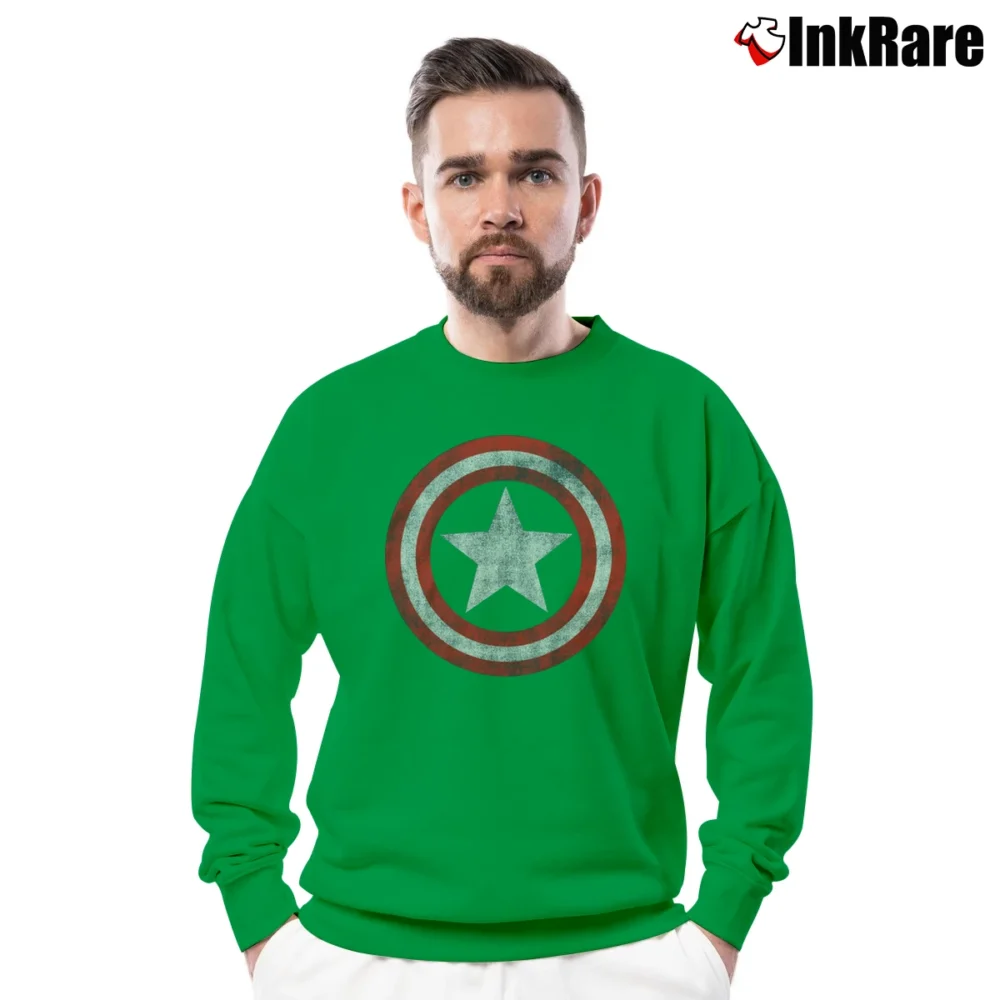 Men’s Captain America Shield Distressed Graphic Crewneck Sweatshirt in irish green | Cozy Fabric, Clean Style