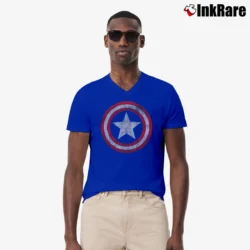 Men’s Captain America Shield Distressed Graphic V-Neck Tee in royal blue | Sharp, Breathable, Everyday Staple