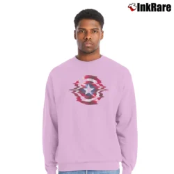 Men’s Captain America Shield Glitch Graphic Crewneck Sweatshirt in light pink | Cozy Fabric, Clean Style