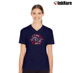 Women’s Captain America Shield Glitch Graphic V-Neck Tee in navy | Chic Neckline, Soft Texture