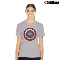 Women’s Captain America Shield Marvel V-Neck Tee in sport grey | Chic Neckline, Soft Texture