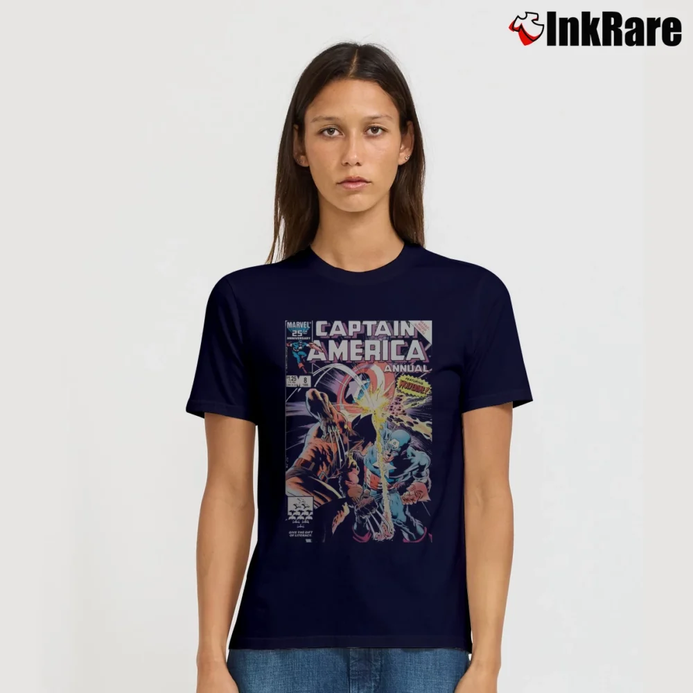 Women’s Captain America Vs Wolverine Comic Signature T-Shirt in navy | Soft, Flattering Fit