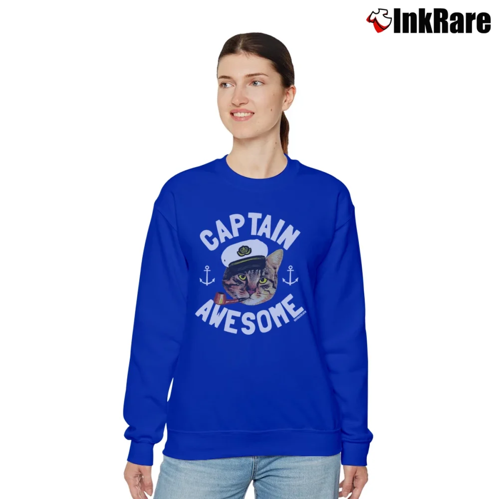 Women’s Captain Awesome Funny Cat Kitty Cute Relaxed Sweatshirt in royal blue | Soft, Laid-Back Vibe