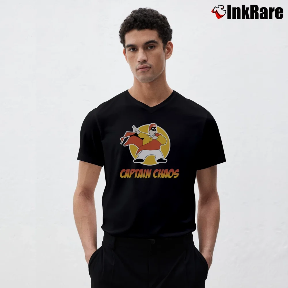Men’s Captain Chaos Movie Inspired V-Neck Tee in black | Sharp, Breathable, Everyday Staple