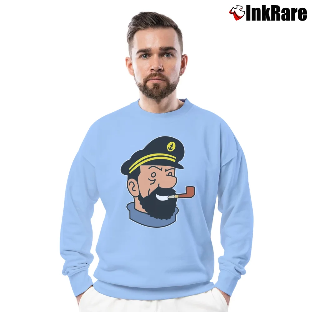 Men’s Captain Haddock Tintin Cartoon Comic Crewneck Sweatshirt in light blue | Cozy Fabric, Clean Style