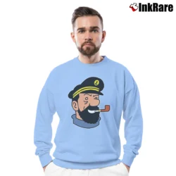Men’s Captain Haddock Tintin Cartoon Comic Crewneck Sweatshirt in light blue | Cozy Fabric, Clean Style
