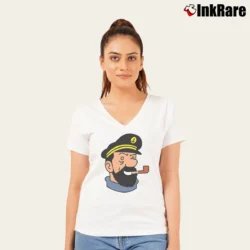 Women’s Captain Haddock Tintin Cartoon Comic V-Neck Tee in white | Chic Neckline, Soft Texture