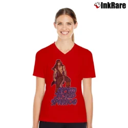 Women’s Captain Jack Sparrow Funny Gym Workout V-Neck Tee in red | Chic Neckline, Soft Texture