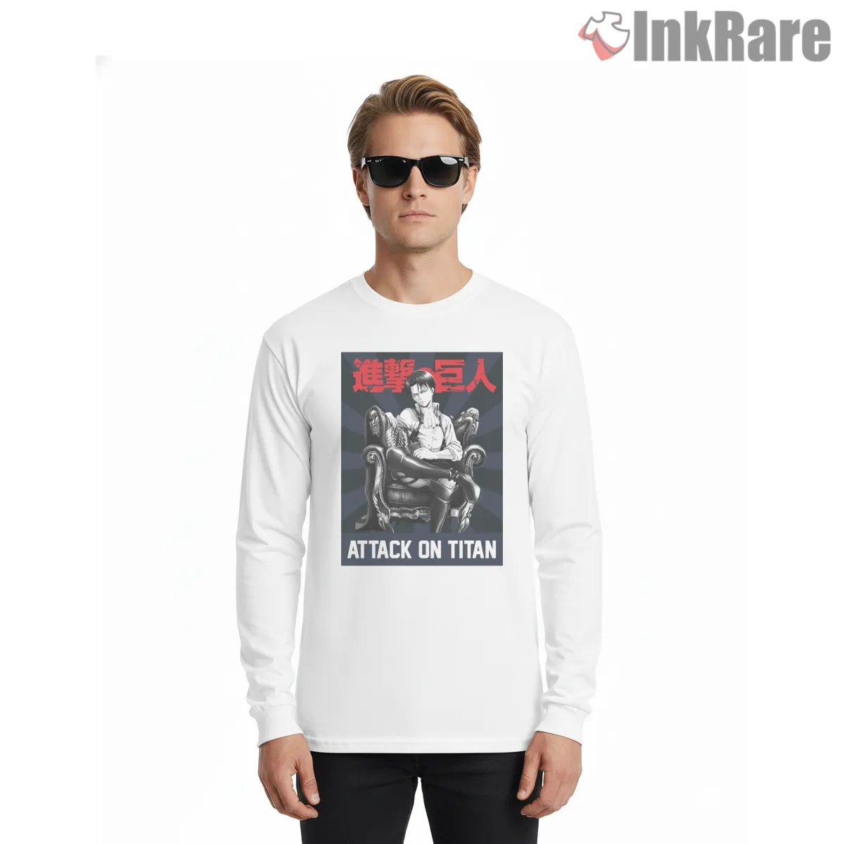 Captain Levi Ackerman Throne Room Anime Long Sleeve White Captain Levi Ackerman Throne Room Anime Shirt on white long sleeve shirt for men graphic tee