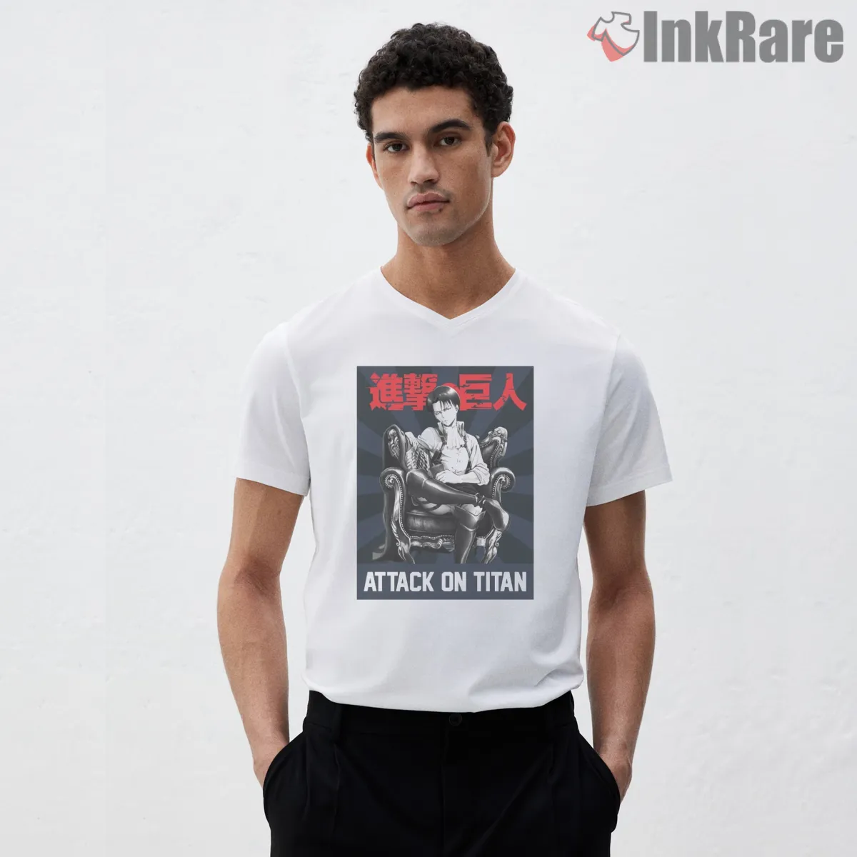Captain Levi Ackerman Throne Room Anime V Neck White Captain Levi Ackerman Throne Room Anime Shirt on white v-neck shirt for men graphic tee