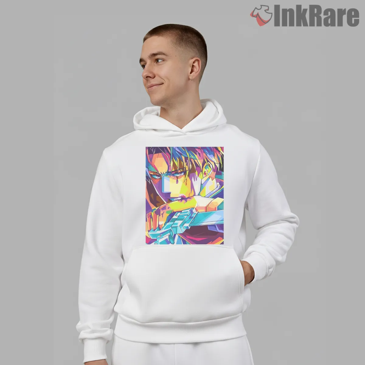 Captain Levi Neon Pop Art Profile Shirt on white hoodie for men graphic tee