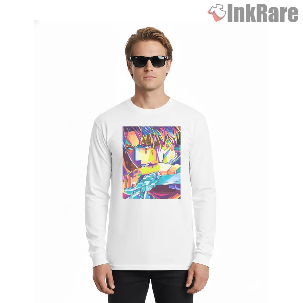 Captain Levi Neon Pop Art Profile Long Sleeve White Captain Levi Neon Pop Art Profile Shirt on white long sleeve shirt for men graphic tee