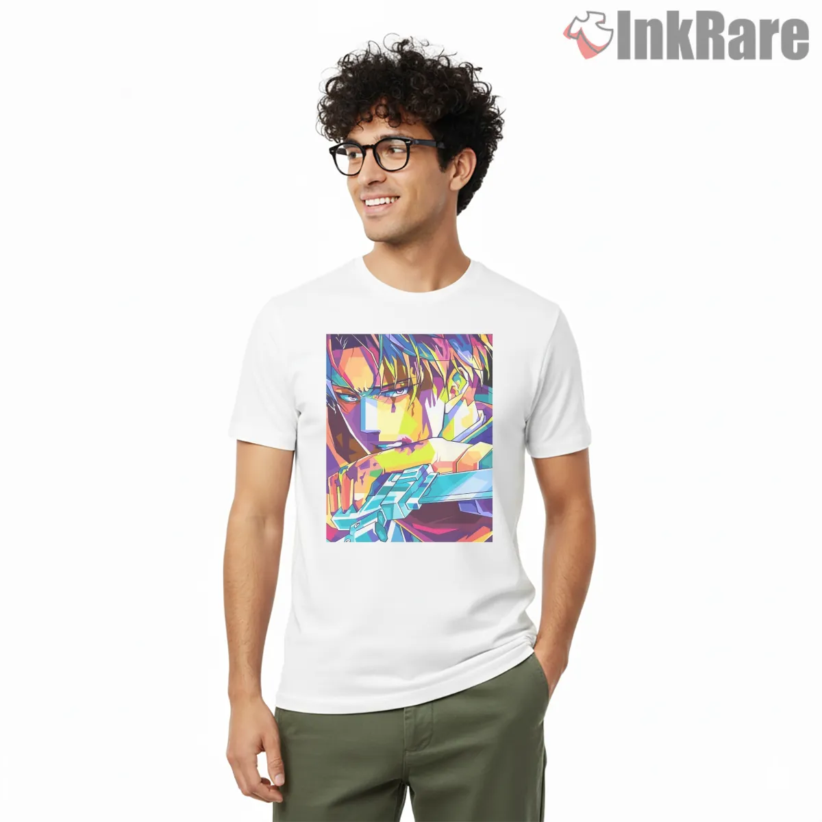Captain Levi Neon Pop Art Profile Short Sleeve White Captain Levi Neon Pop Art Profile Shirt on white short sleeve shirt for men graphic tee
