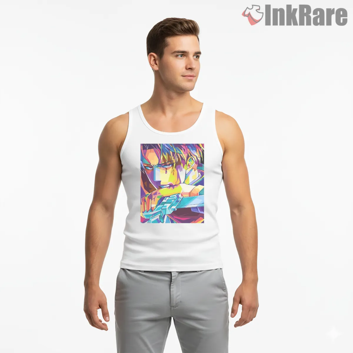 Captain Levi Neon Pop Art Profile Tank Top White Captain Levi Neon Pop Art Profile Shirt on white tank top for men graphic tee