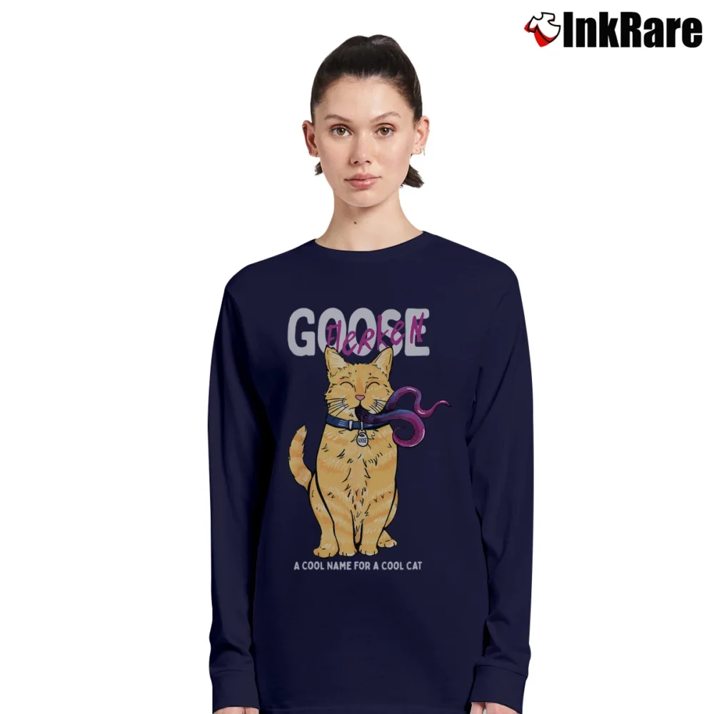 Women’s Captain Marvel Goose Cool Name For A Cat Graphic Long-Sleeve Top in navy | Sleek, Versatile, All-Season