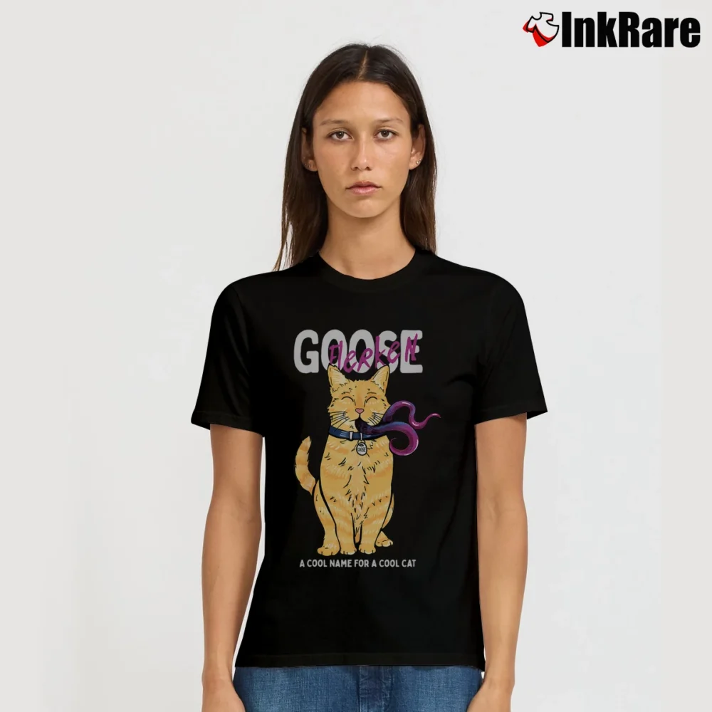 Women’s Captain Marvel Goose Cool Name For A Cat Graphic Signature T-Shirt in black | Soft, Flattering Fit