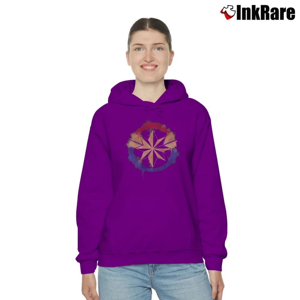 Women’s Captain Marvel Spray Paint Logo Avengers Cozy Hoodie in purple | Warm, Structured, Stylish