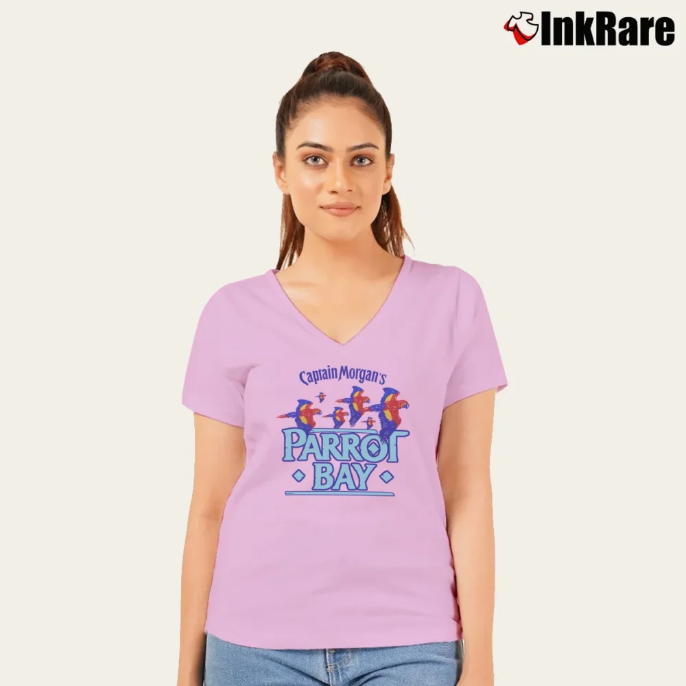 Women’s Captain Morgan Parrot Bay Rum V-Neck Tee in light pink | Chic Neckline, Soft Texture