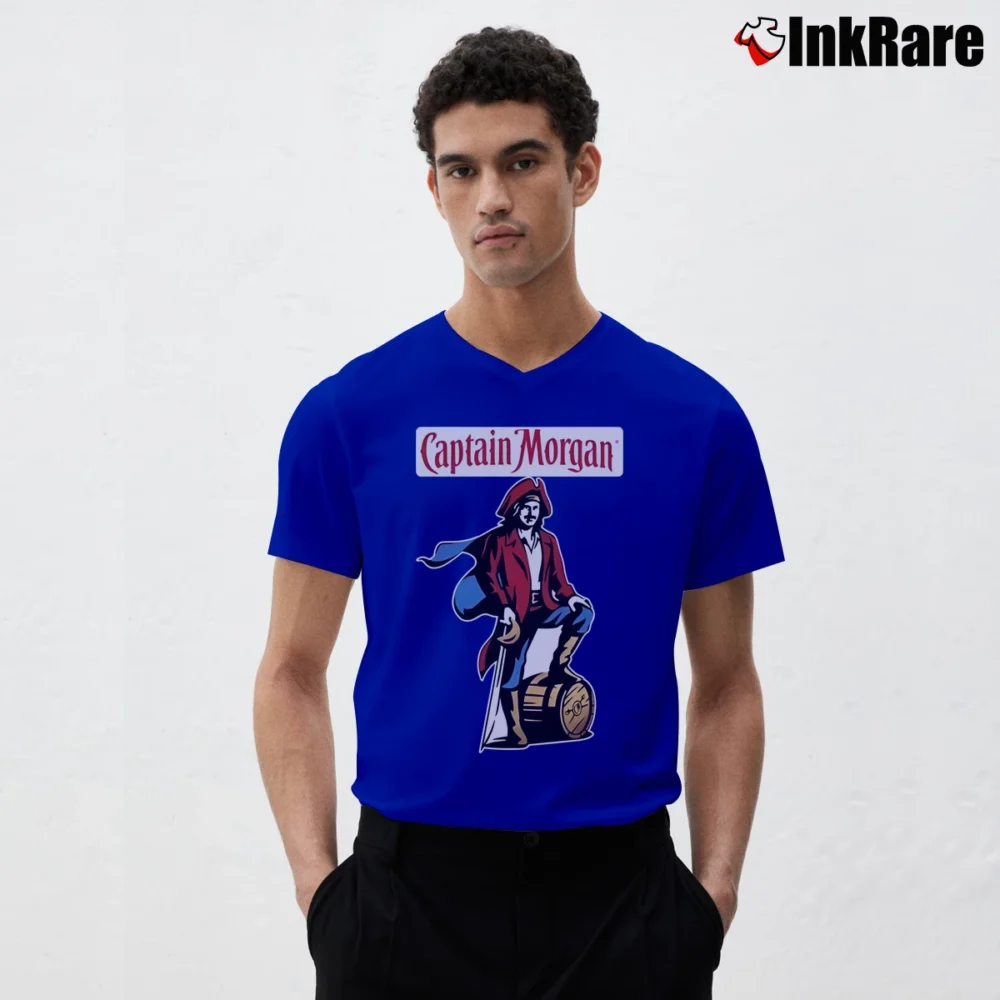Men’s Captain Morgan Spiced Rum Graphic V-Neck Tee in royal blue | Sharp, Breathable, Everyday Staple