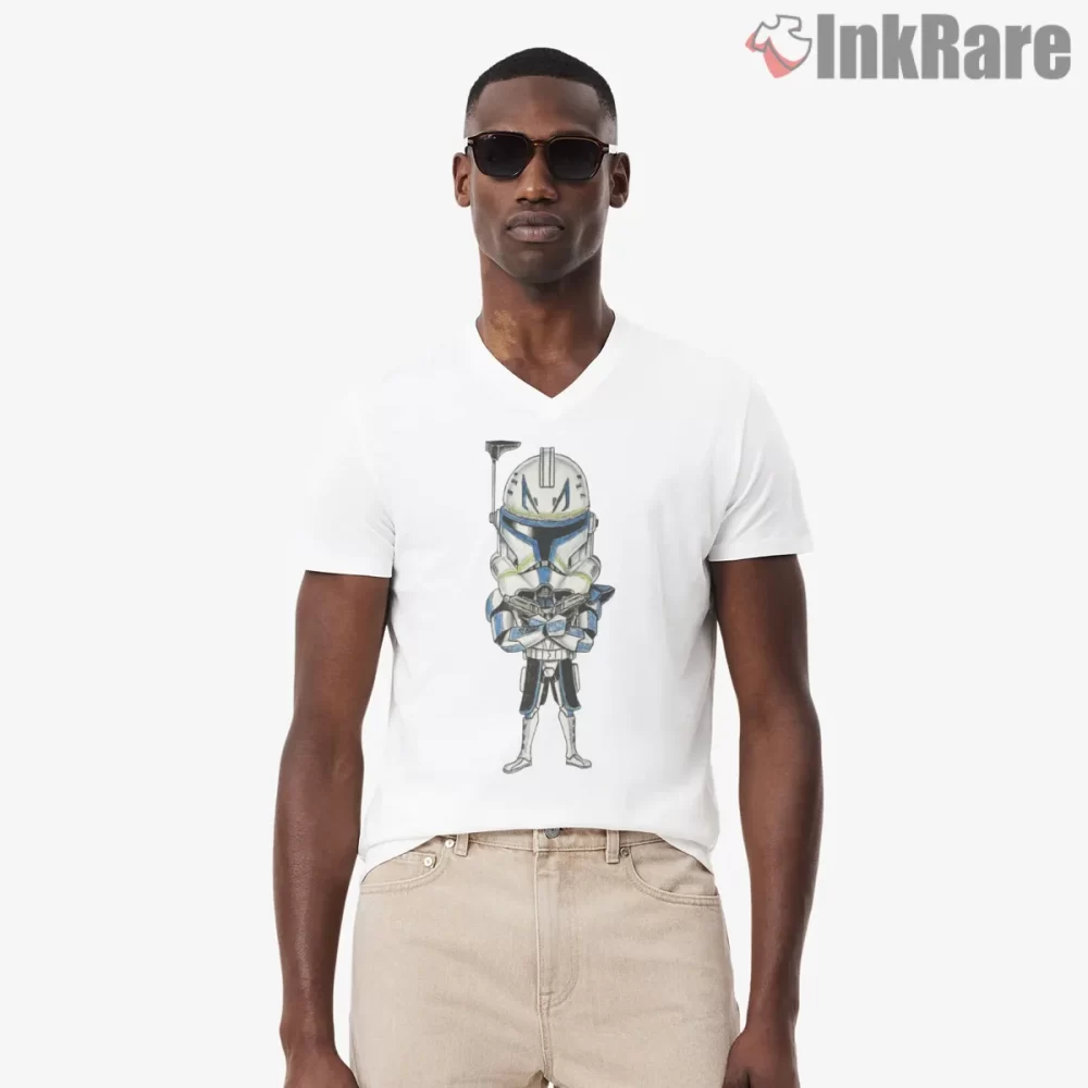 Captain Rex Chibi Clone Trooper Shirt on white v-neck shirt for men graphic tee