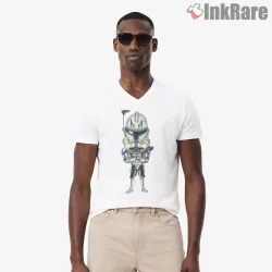 Captain Rex Chibi Clone Trooper Shirt on white v-neck shirt for men graphic tee