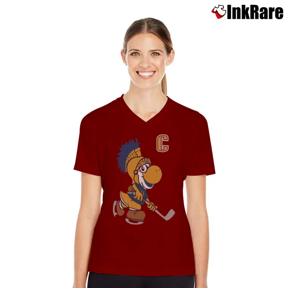 Women’s Captain Roman Yoshi Nintendo Mashup V-Neck Tee in maroon | Chic Neckline, Soft Texture