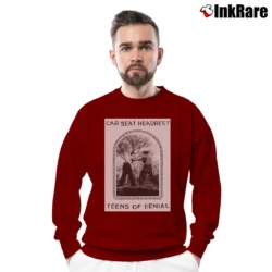 Men’s Car Seat Headrest Teens Of Denial Crewneck Sweatshirt in maroon | Cozy Fabric, Clean Style