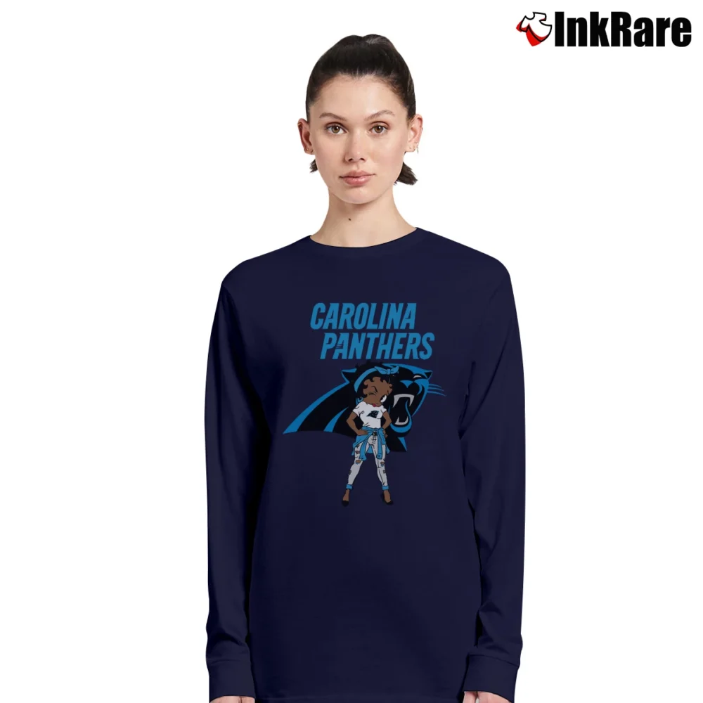 Women’s Carolina Panthers Betty Boop Brown Skin NFL Long-Sleeve Top in navy | Sleek, Versatile, All-Season