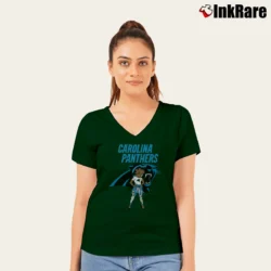 Women’s Carolina Panthers Betty Boop Brown Skin NFL V-Neck Tee in forest green | Chic Neckline, Soft Texture