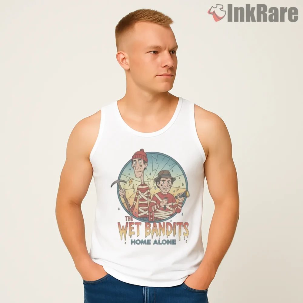 Cartoon Wet Bandits Flooded House Home Alone Shirt on white tank top for men graphic tee