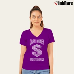 Women’s Cash Money Records Hip Hop Logo V-Neck Tee in purple | Chic Neckline, Soft Texture