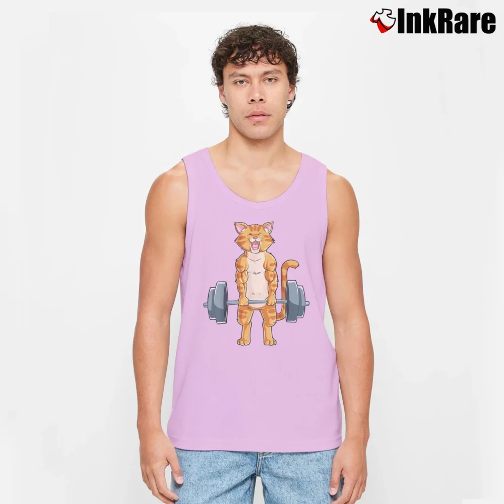 Men’s Cat Deadlift Powerlifting Gym Workout Tank Top in light pink | Breathable, Active-Friendly Design