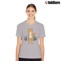 Women’s Cat Deadlift Powerlifting Gym Workout V-Neck Tee in sport grey | Chic Neckline, Soft Texture