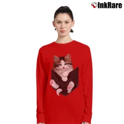 Women’s Cat In Pocket Cute Cat Lover for Adults Long-Sleeve Top in red | Sleek, Versatile, All-Season