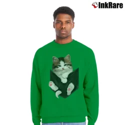 Men’s Cat In Pocket Cute Cat Lover for Adults Crewneck Sweatshirt in irish green | Cozy Fabric, Clean Style