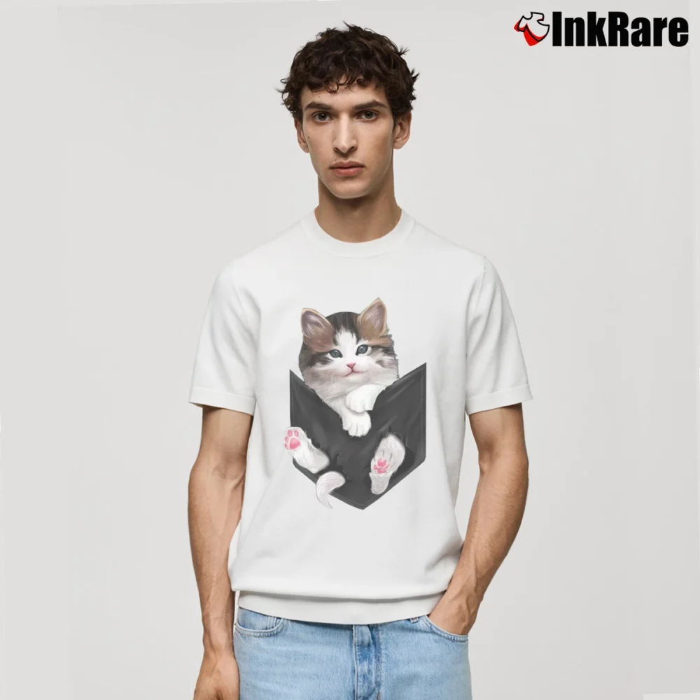 Men’s Cat In Pocket Cute Cat Lover for Adults Classic T-Shirt in white | Soft, Breathable Everyday Wear