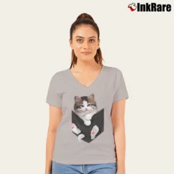 Women’s Cat In Pocket Cute Cat Lover for Adults V-Neck Tee in sport grey | Chic Neckline, Soft Texture