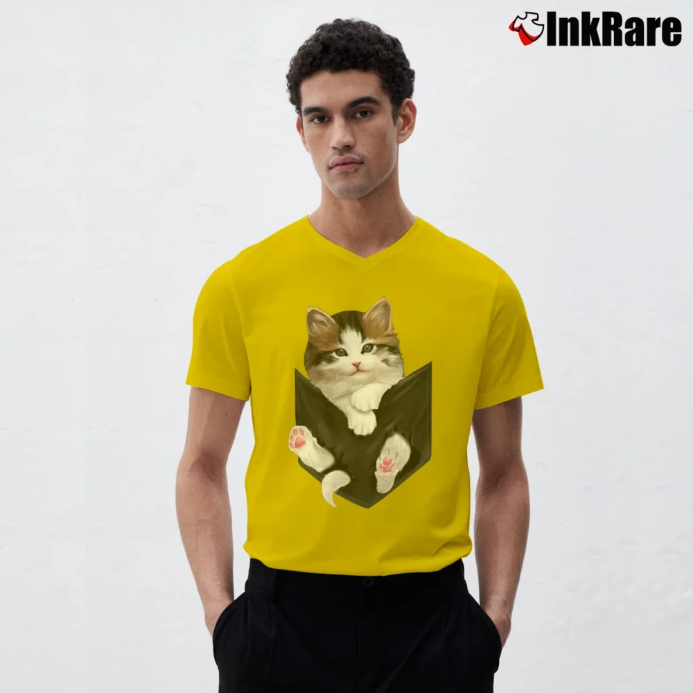 Men’s Cat In Pocket Cute Cat Lover for Adults V-Neck Tee in yellow | Sharp, Breathable, Everyday Staple