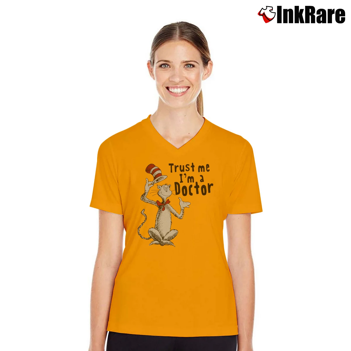 Women’s Cat In The Hat Dr Seuss Trust Me I'm A Doctor V-Neck Tee in orange | Chic Neckline, Soft Texture