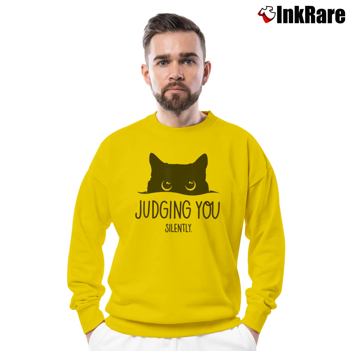 Men’s Cat Judging You Silently Crewneck Sweatshirt in yellow | Cozy Fabric, Clean Style